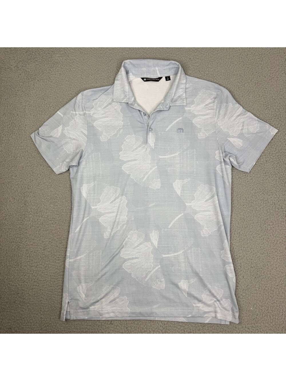 Travis Mathew Polo Shirt Mens L Light Gray Floral Quick Drying Stretch